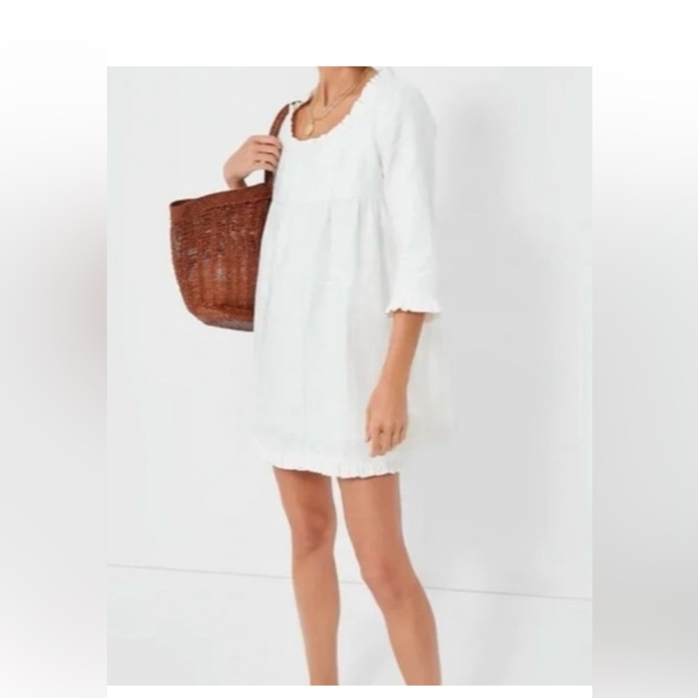 Tuckernuck Clara White Mini Dress Ruffle Cross Stitch Empire Medium - Picture 2 of 8